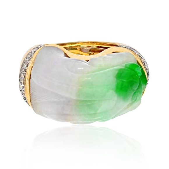 David Webb Platinum & 18K Yellow Gold Carved Jade And Diamond Ring - Picture 2 of 5